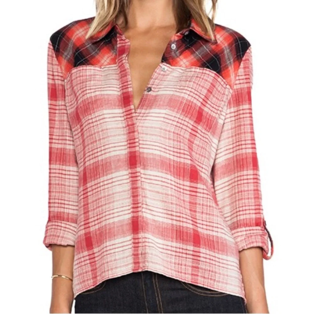 C&C California Chrysanthemum Red Mixed Plaid High Low Button Down Shirt - Picture 1 of 16